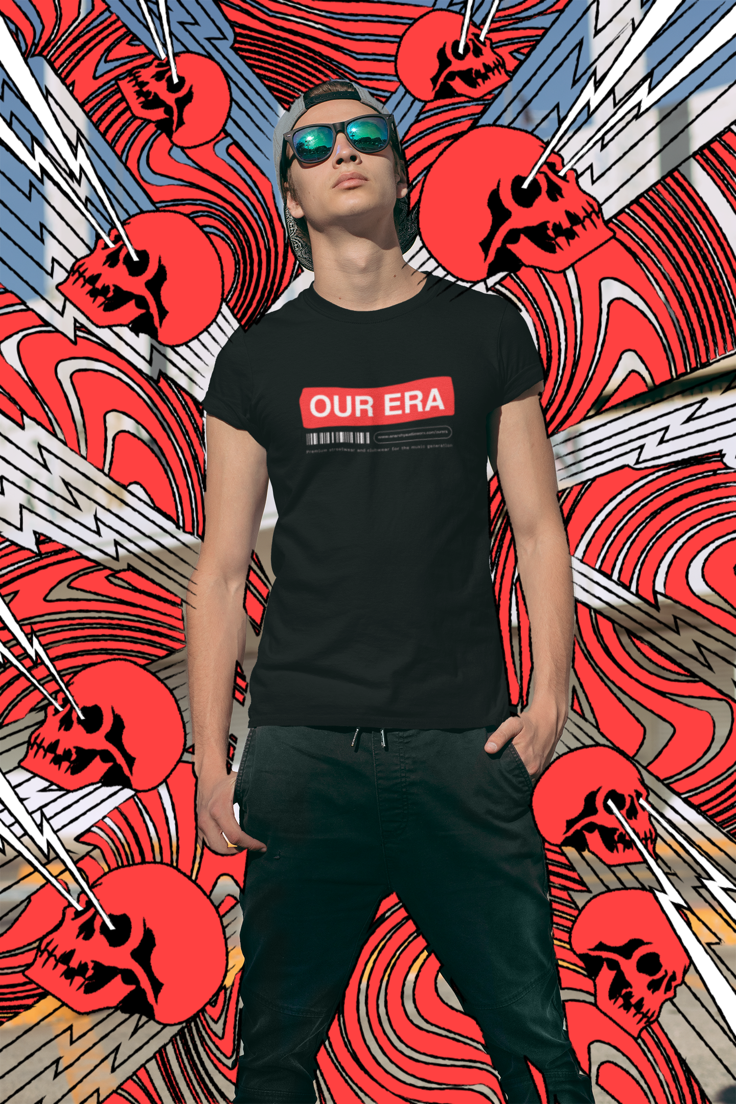 t-shirt by our era worn by a man wearing shades on a psychedelic skulls background 